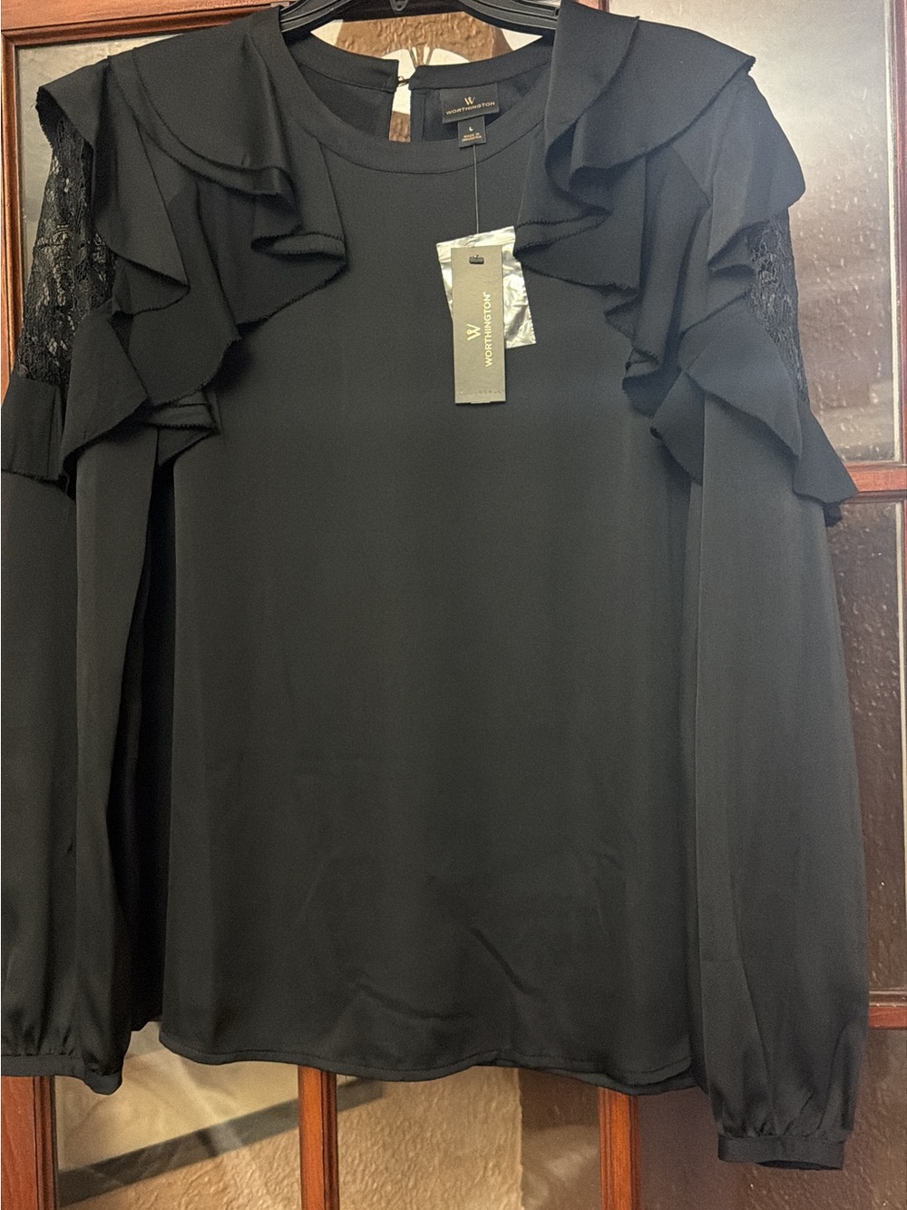 Worthington Black Ruffle Lace-Trim Blouse